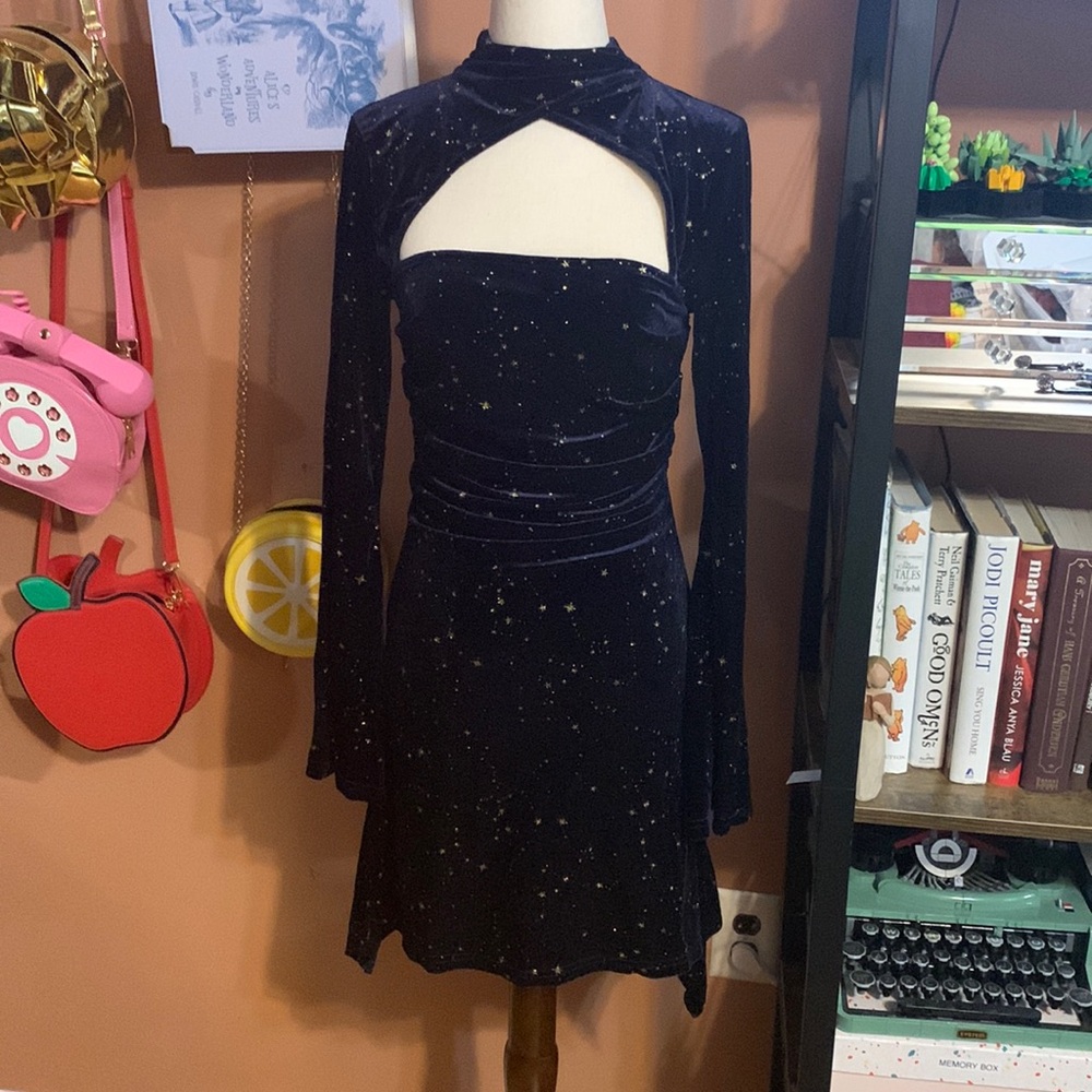 Small Cider Navy Velvet Cutout Dress With Gold Stars